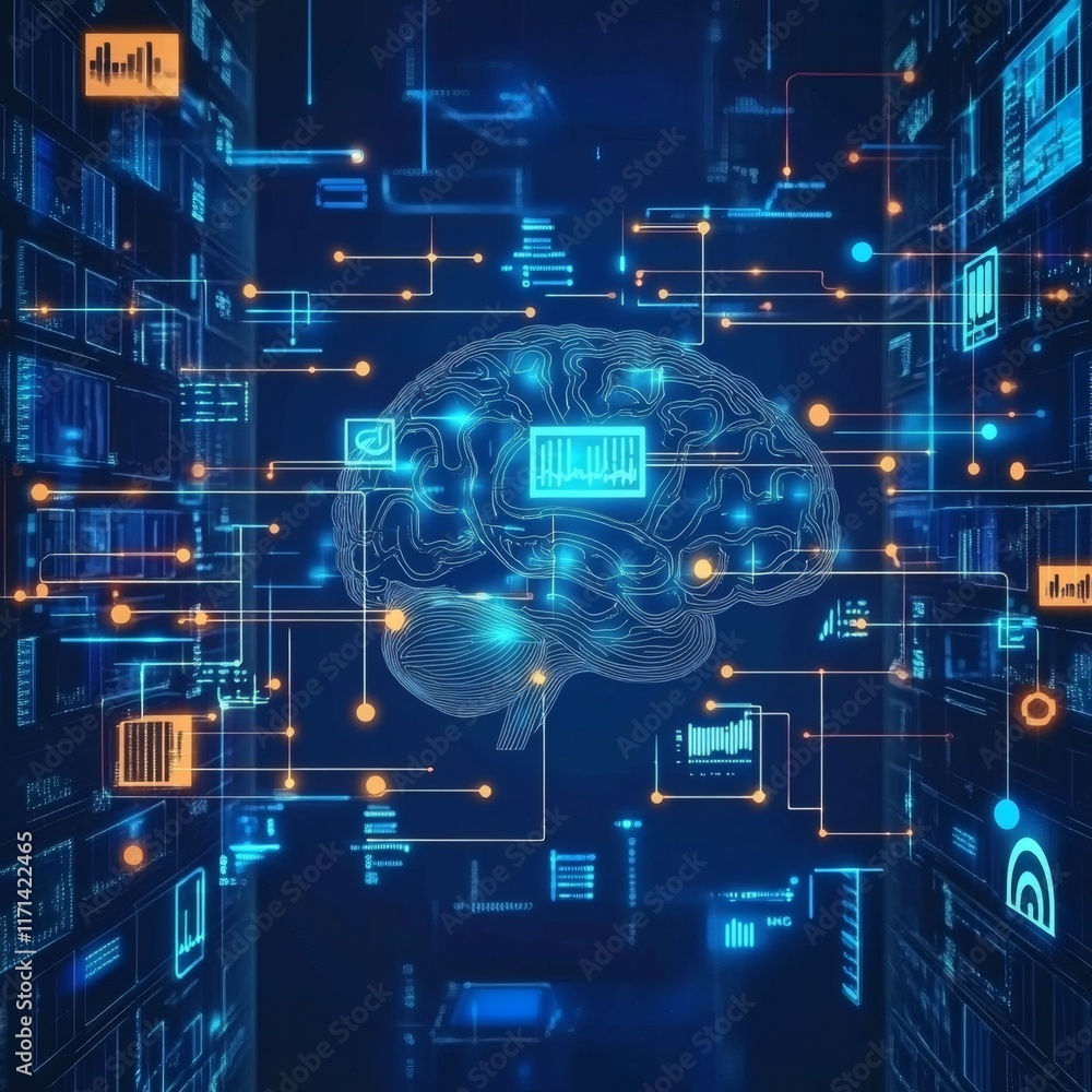 Poster digital data and network connection of human brain on blue background