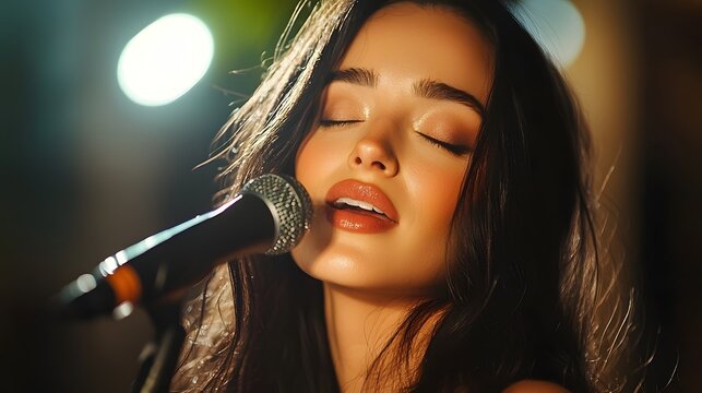 Captivating Female Singer Performing with Passion and Power Under Dramatic Stage Lights Expressing Emotion Through Music and Vocals