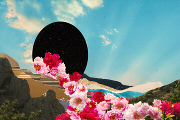 Creative collage illustration in surrealistic style. Blooming bunch of flowers flowing from sky on mountains. Beautiful sunset.