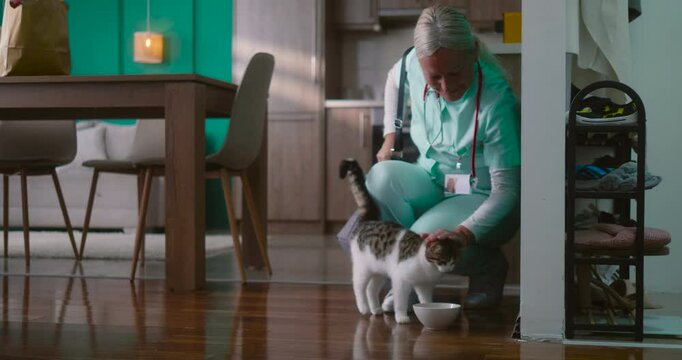 A nurse in a medical uniform feeding her cat and leaves the apartment to go to work