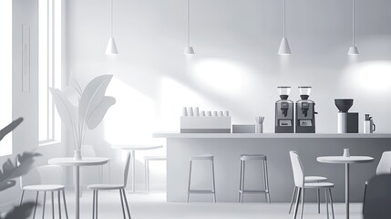 Modern minimalist cafe interior with coffee machines and bar area.