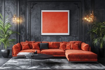 Modern Orange Velvet Sectional Sofa in Dark Luxury Living Room