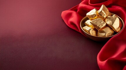 A captivating still life image showcasing a pile of gleaming golden ingots placed on a luxurious crimson silk surface symbolizing wealth prosperity and financial success