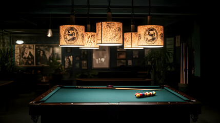 Dimly lit pool hall with vintage lamps and a pool table.