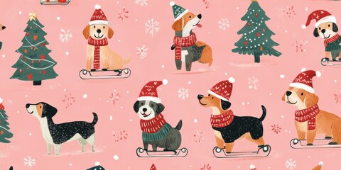 Whimsical Christmas pattern with festive dogs riding scooters on a pink background