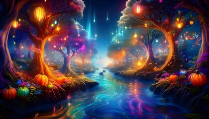 Fototapeta premium Enchanted Forest Stream Magical Autumn Night Glowing Trees Pumpkins
