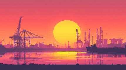 Obraz premium Pixel art sunset over a harbor with industrial cranes and ships. Vivid colors and silhouettes of structures create a tranquil industrial scene.