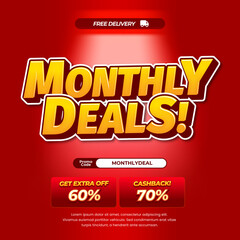 Monthly Shopping day Sale discount deals Editable text with vibrant red gradient Flash Light Premium promotional square banner
