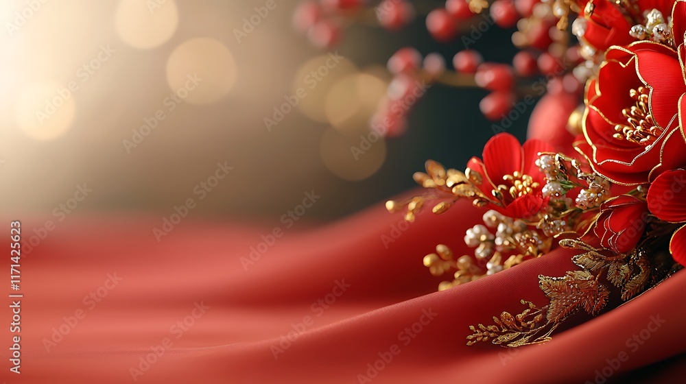 Aufkleber beautifully decorated red lanterns with intricate golden embroidered borders glowing against a warm 