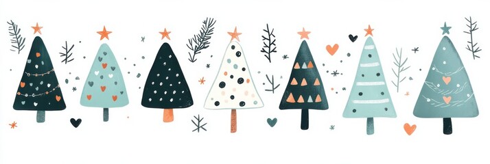 Obraz premium Charming Christmas tree illustrations with festive decorations and stars, perfect for holiday season designs and cheerful winter themes