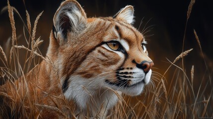 Obraz premium Majestic lynx poised in golden grasslands at dawn, capturing the essence of wild beauty and grace in nature's embrace. Generative AI