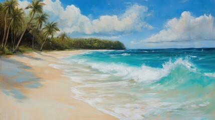 Obraz premium Tropical beach scene with palm trees, waves, and sandy shore. Beautiful, vibrant colors, and sunny day.