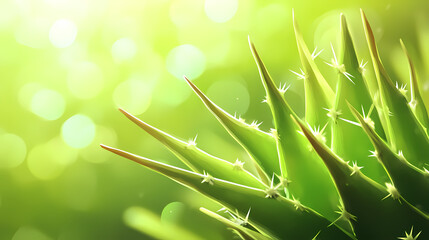 Fototapeta premium A close-up of a vibrant green cactus with sharp thorns set against a blurred green background. Thorned. Illustration
