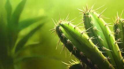 A close-up of a vibrant green cactus with sharp thorns set against a blurred green background. Thorned. Illustration