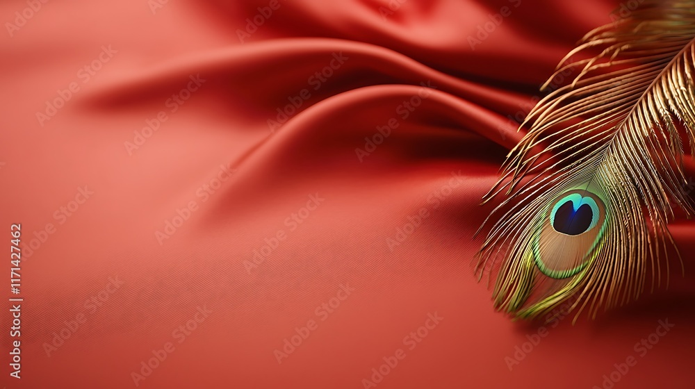 Poster breathtaking close up view of vibrant golden peacock feathers delicately layered on a lush velvety r