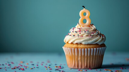 Celebrating a special birthday with a vibrant cupcake topped with a candle representing the joyous 8th year milestone. Generative AI