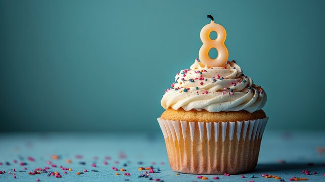 Celebrating a special birthday with a vibrant cupcake topped with a candle representing the joyous 8th year milestone. Generative AI