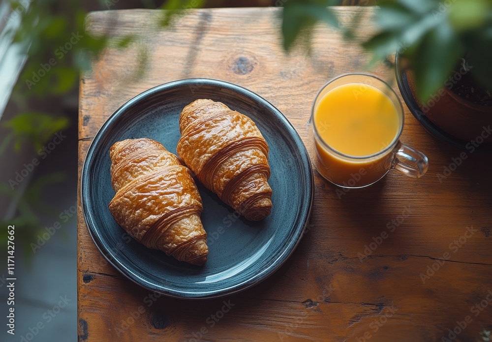 Poster fresh croissants on rustic wooden table with glass of juice surrounded by greenery in warm light emp