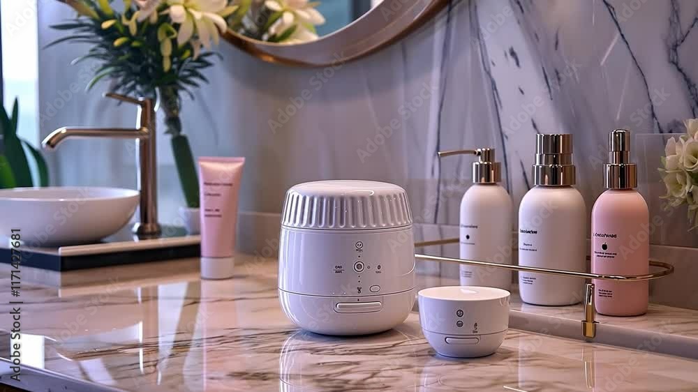 Poster this modern spa technology setups on a marble vanity create a calming atmosphere for self care.