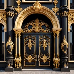 Gold and Black Baroque Style Palace Portal with Ornate Columns Generative AI Interior Design