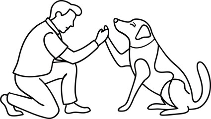 Man high-fiving dog in continuous line art drawing style. Pet and people friendship