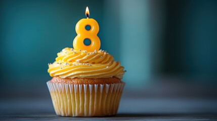 Celebrate turning eight with a delightful cupcake topped with vibrant yellow frosting and a glowing candle in a cozy setting. Generative AI