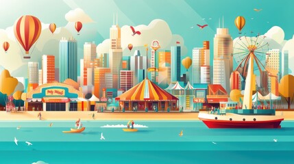 Naklejka premium Colorful cityscape with amusement park by the beach. Flat design illustration of a vibrant city skyline, featuring a waterfront amusement park with various 