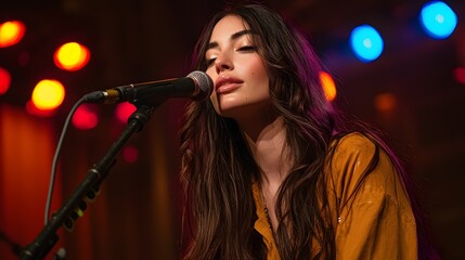 Stunning female vocalist passionately performing on stage under a dazzling array of colorful lighting creating a captivating and emotional musical experience