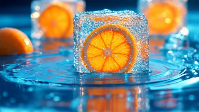 Ice cubes with citrus slices splash into sparkling water, creating vibrant ripples and droplets, radiating coolness and refreshing summer vibes