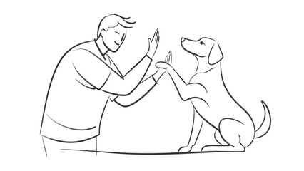 Man high-fiving dog in continuous line art drawing style. Pet and people friendship