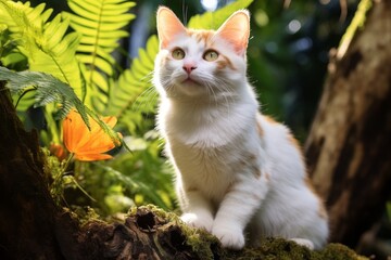 Obraz premium Portrait of a happy turkish van cat in lush tropical rainforest
