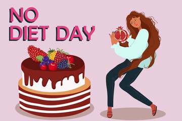 National No Diet Day vector. May 6th is International No Diet Day. The character of a woman with a pomegranate, berry and fruit cake.Hand drawn vector.