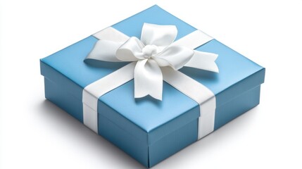 Fototapeta premium Joyful moments await with a beautifully wrapped blue gift box adorned with a crisp white ribbon for any celebration. Generative AI