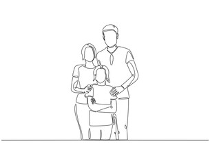 Continuous line drawing of family standing together. Single line illustration of happy family. Bonding, care, love concept. Editable outline