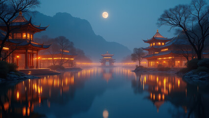 Fototapeta premium Serene Moonlit Chinese Temples - Night photography