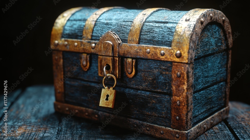 Poster treasured chest with intricate design resting on a rustic wooden surface illuminated by soft ambient