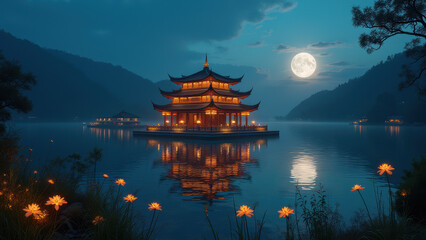 Obraz premium Serene Moonlit Pagoda Lake Scene - Asian/Oriental aesthetics