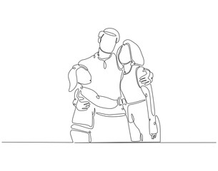 Continuous line drawing of family standing together. Single line illustration of happy family. Bonding, care, love concept. Editable outline