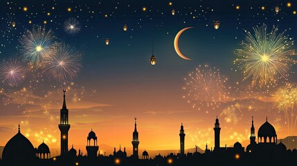 Festive fireworks illuminate a cityscape at night, with a crescent moon and lanterns in the sky.