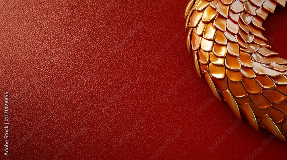 Poster captivating golden dragon scales emblazoned on a richly textured red surface creating a visually str