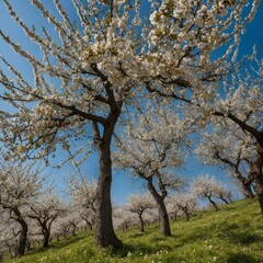 Fototapeta premium A hillside orchard filled with blossoming trees and a peaceful blue sky.
