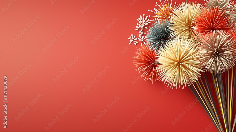 Poster captivating golden fireworks bursting across a deep red sky creating a mesmerizing and vibrant displ