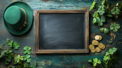 St. Patrick's Day themed elements: green leprechaun style hat, empty wooden frame with black board, clover gold coins and fresh greenery in the form of clover leaves.