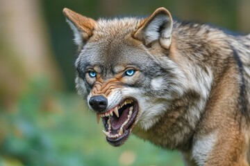Fototapeta premium Angry Gray Wolf with Blue Eyes