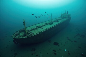 Obraz premium An oil tanker lies wrecked on the ocean floor, surrounded by debris and oil spreading in the water. Fish swim nearby, unaware of the disaster unfolding above