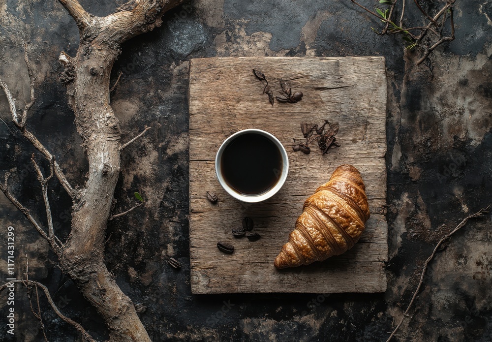Poster freshly baked croissant and coffee in rustic setting with natural elements and textured background c