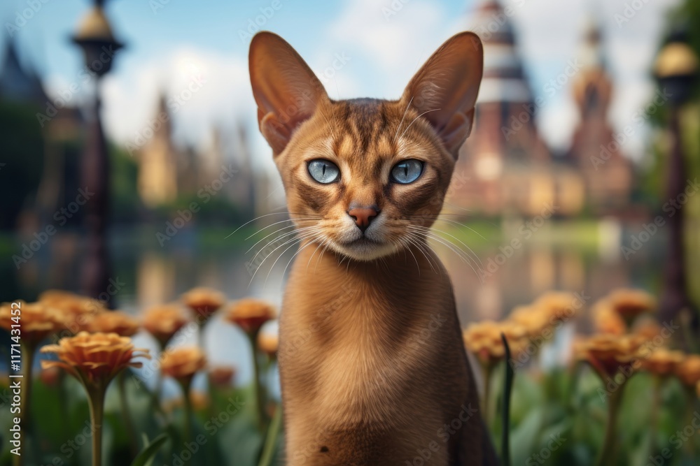 Wall mural Portrait of a funny abyssinian cat in vibrant city park