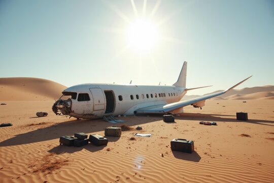 A modern passenger plane wreck is seen in a desolate desert, with sand dunes rolling in the background. The sun blazes overhead, and scattered luggage is strewn across the dry ground