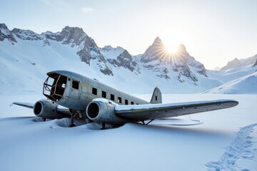 Fototapeta premium A vintage airplane wreck is nestled in a snowy mountain landscape, with peaks towering in the background. The scene is serene, with the sun setting, casting a warm glow on the white snow
