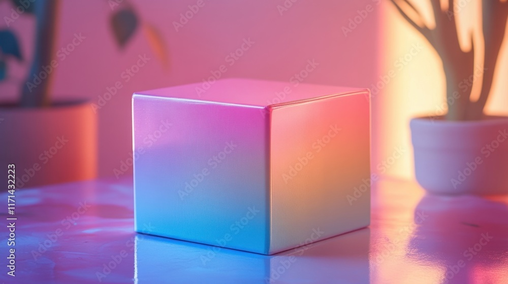 Poster Creative ambient lighting with a colorful gradient cube in a cozy indoor setting featuring plants. Generative AI
